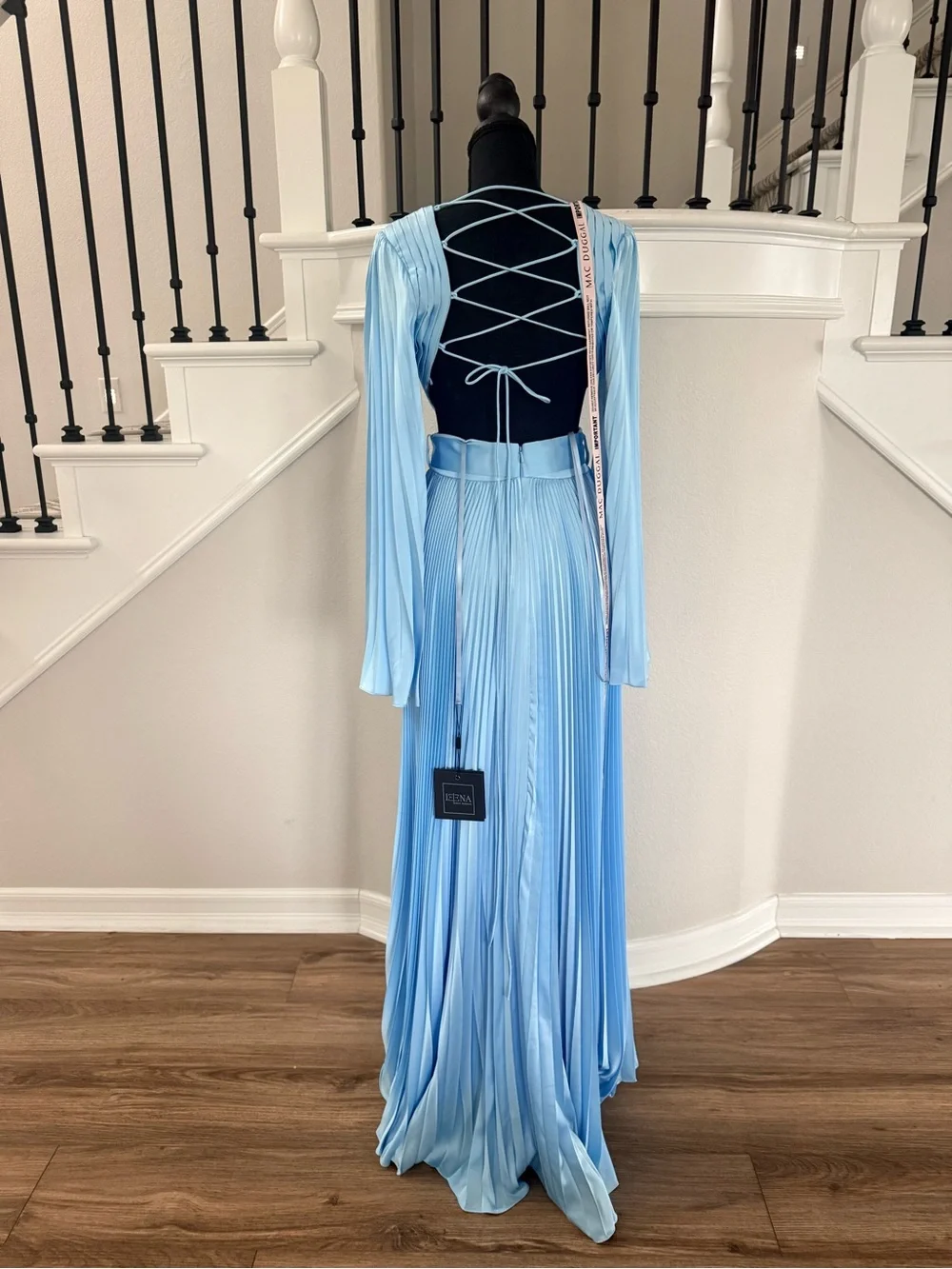 🦋$598 NWT Mac Duggal Ice Blue Pleated Satin Dress, Size 2🦋 - Picture 2 of 10